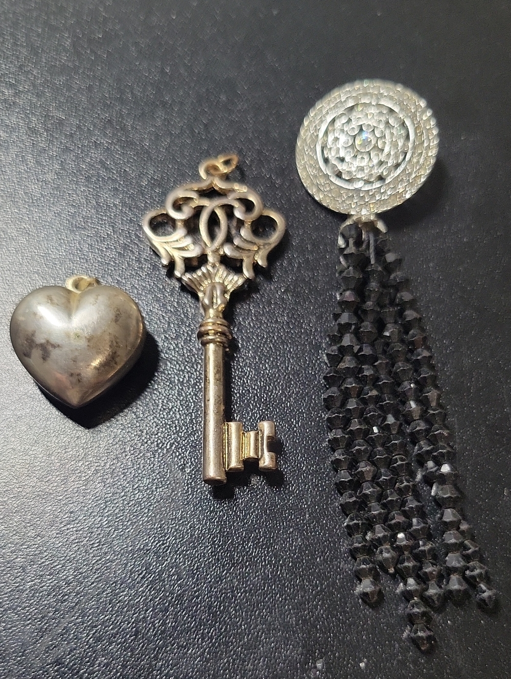 Vintage-Inspired Heart & Key Charm Set with Black Crystal Tassel